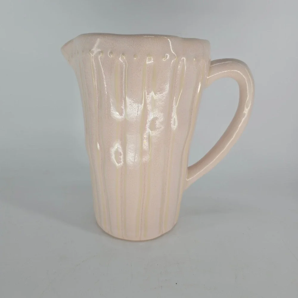 Vintage Pink Ceramic Pitcher Pearlescent Vase Crock Cottage Farmhouse Decor
